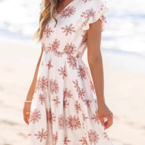 Ruffled Floral V-Neck Cap Sleeve Dress